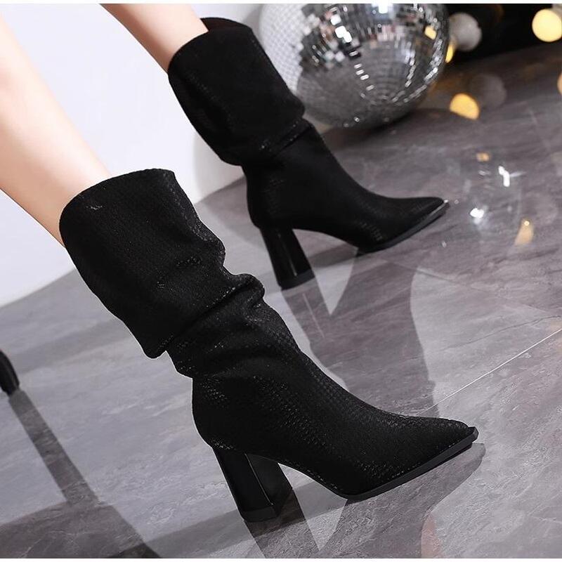 European and American Style Pointed Toe Chunky Heel Pleated Mid-Calf Boots for Women 2025 Autumn New Striped V-Cut Short High-Heeled Boots