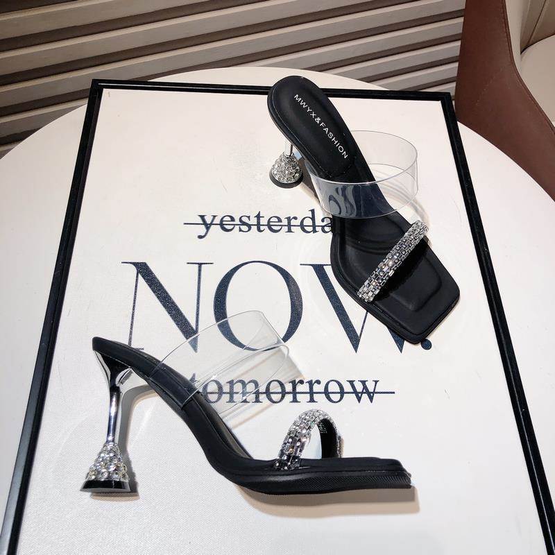 Fashionable Women's Sandals 2025 New Summer Elegant Transparent Stiletto High Heels with Rhinestones for Outdoor Wear