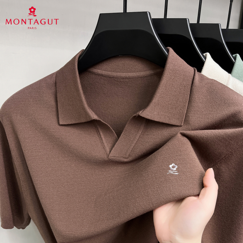 French Montagut Mulberry Silk Short-Sleeved Lapel T-Shirt for Men, Summer Thin Seagull Collar Breathable Polo Knitwear French Montagut Mulberry Silk Short-Sleeved Lapel T-Shirt for Men, Summer Thin Seagull Collar Breathable Polo Knitwear