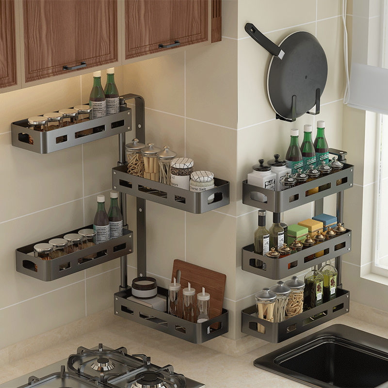 Kitchen rack rotary storage seasoning rack non-stainless steel multi-layer punch-free corner wall hanging multi-function