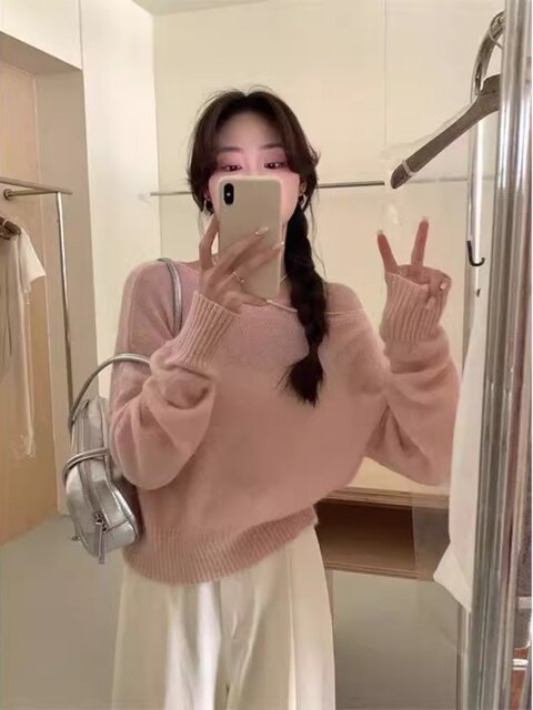 Klein Blue Gentle and Soft Mohair Knit Sweater for Women, New Spring Style, Off-Shoulder Base Layer Sweater Top