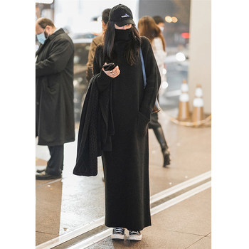 High-End Black Goddess-Style Turtleneck Sweater Knit Dress for Women, Thickened for Autumn and Winter, Stylish Long Skirt
