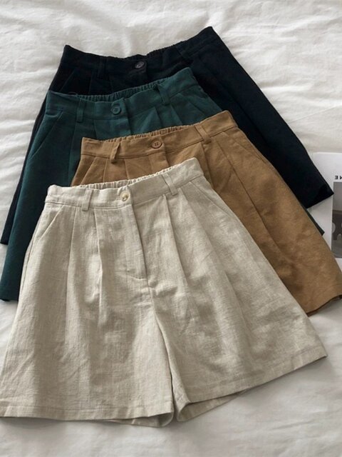 Japanese Retro Cotton and Linen Wide-Leg Shorts for Women, Summer Thin High-Waisted Linen Straight Pants, Petite Five-Point Pants