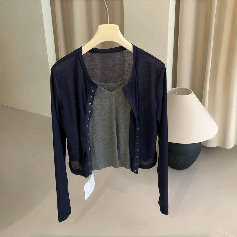 Navy Blue Ice Silk Cardigan for Women, Thin Style, 2026 New Summer Model, Paired with a Slip Dress, Sun Protection Cover-Up, Knitted Jacket Navy Blue Ice Silk Cardigan for Women, Thin Style, 2026 New Summer Model, Paired with a Slip Dress, Sun Protection Cover-Up, Knitted Jacket