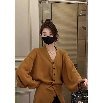 Coffee-Colored Mid-Length V Neck Sweater Knitted Cardigan Jacket for Women in Autumn and Winter, High-End and Super Nice-Looking Waist-Cinching Early Spring Top