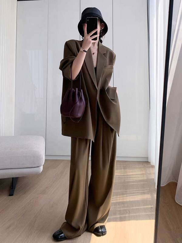Spring and Autumn New Plus Size Women's Loose Casual Wide-Leg Pants Suit Set for Chubby Women Long Sleeve High-End Blazer Jacket