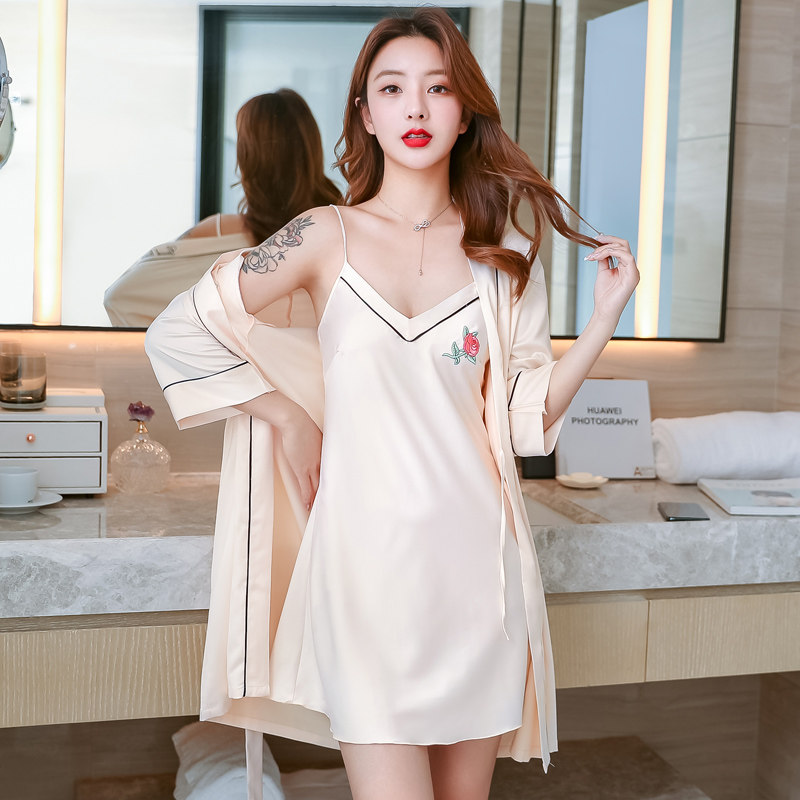 SADO YINER2022 Summer Thin Ice Silk Pajamas Feminine Sling Nightdress Spring and Autumn Nightgown Three-piece Set