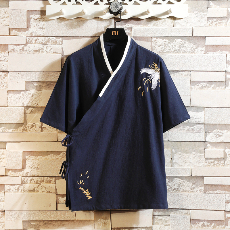 Chinese Style Men's Improved Han Dynasty Men's Oblique Placket Linen Short-Sleeved T-Shirt Ancient Costume Men's Cotton and Linen Tang Suit Taoist Robe