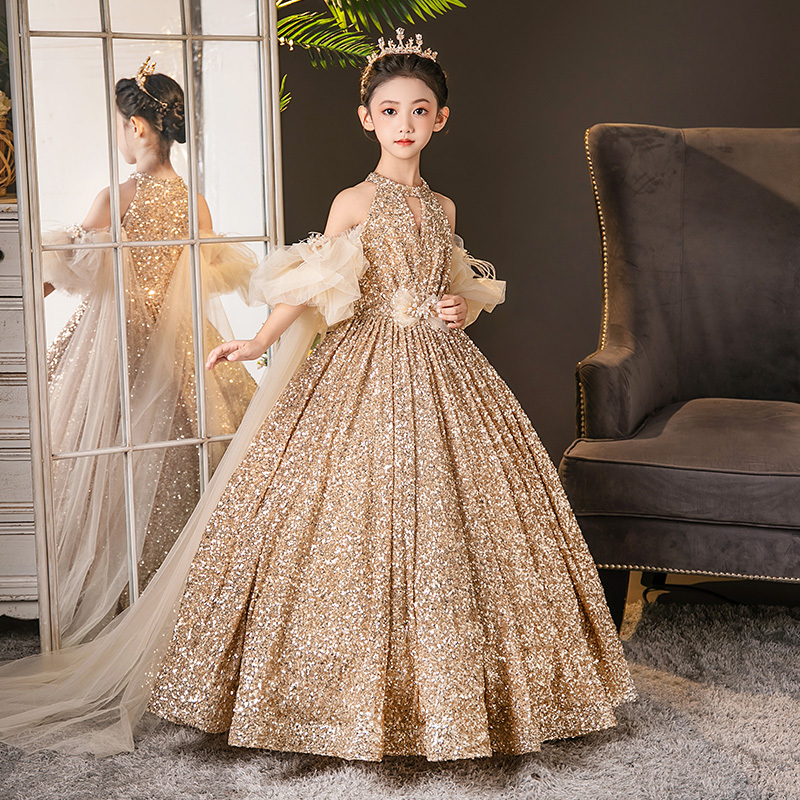 New Style Girls' Hostess Dress with a High-End Feel, Gold Sequin Children's Dress, Princess Dress, Little Model Runway Show, Talent Show
