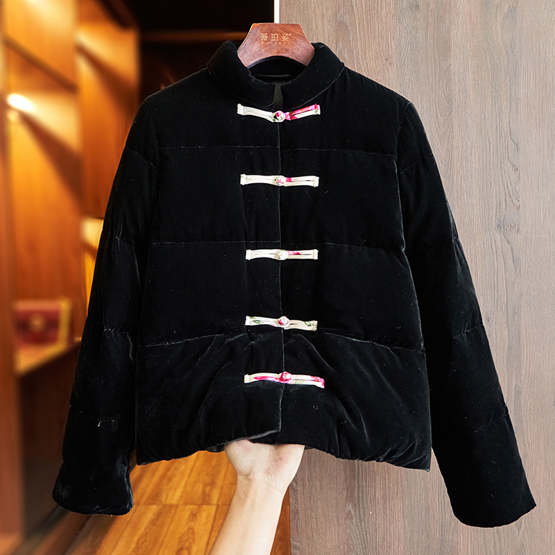 White High-End Silk Velvet New Chinese-Style down Jacket for Women, Autumn and Winter High-End Gold Velvet National Style Warm Coat