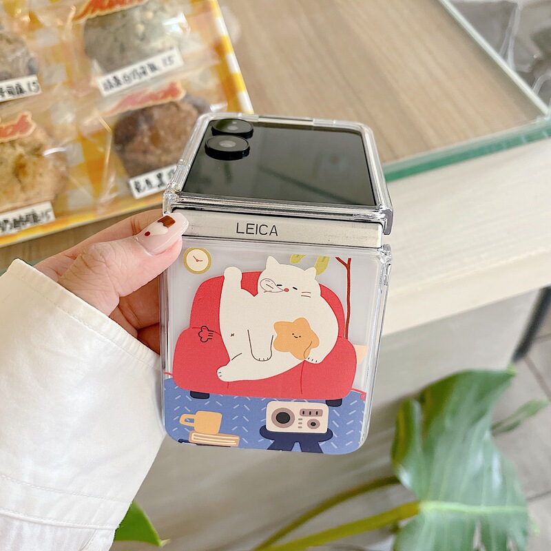 ins Cute Sleepy Cat Phone Case Suitable for Xiaomi Mixflip, New Samsung Z Flip7/ 40% off Folding Screen Protective Case, Findn3 Hard Shell Anti-Fall Vflip Lightweight Case for Men and Women Couples
