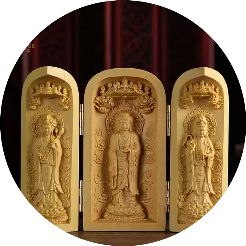 仏教美術 ザキラム仏像 禅意茶台 文机 鎮宅 辟邪 開運 風水 招財 置物 黃楊木雕刻隨身佛龕千手觀音菩薩西方三聖三開盒子佛像居家擺件-淘寶