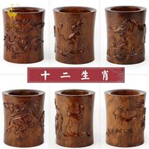 Mahogany crafts solid wood carvings twelve zodiac pen holders wooden rat horse sheep cow tiger ornaments wood boutique