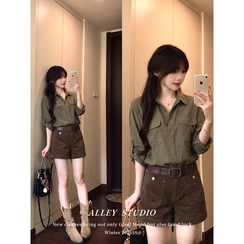 Korean-Style Relaxed Military-Style Polo Collar Long-Sleeve Shirt for Women, Autumn Loose Fit Versatile Slimming Mid-Sleeve Cuffed Top Korean-Style Relaxed Military-Style Polo Collar Long-Sleeve Shirt for Women, Autumn Loose Fit Versatile Slimming Mid-Sleeve Cuffed Top