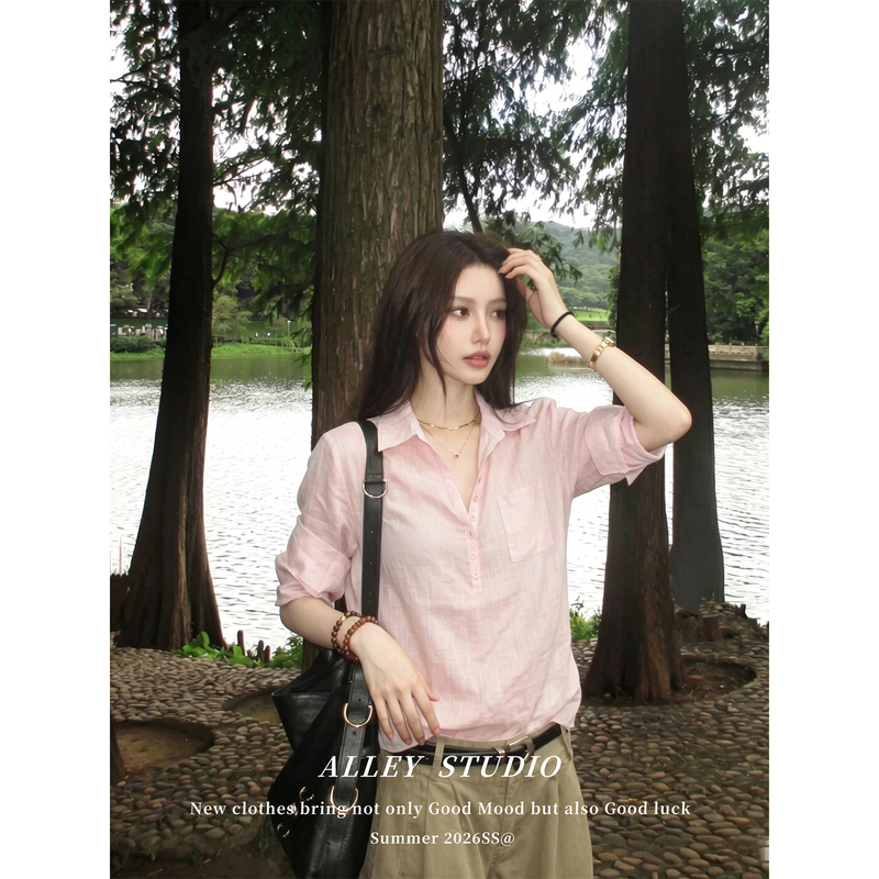 French-Style Beautiful Pink Linen-Feel Half-Button V-Neck Sun Protection Shirt for Women, Summer Commuting, Old Money Style, Relaxed Top