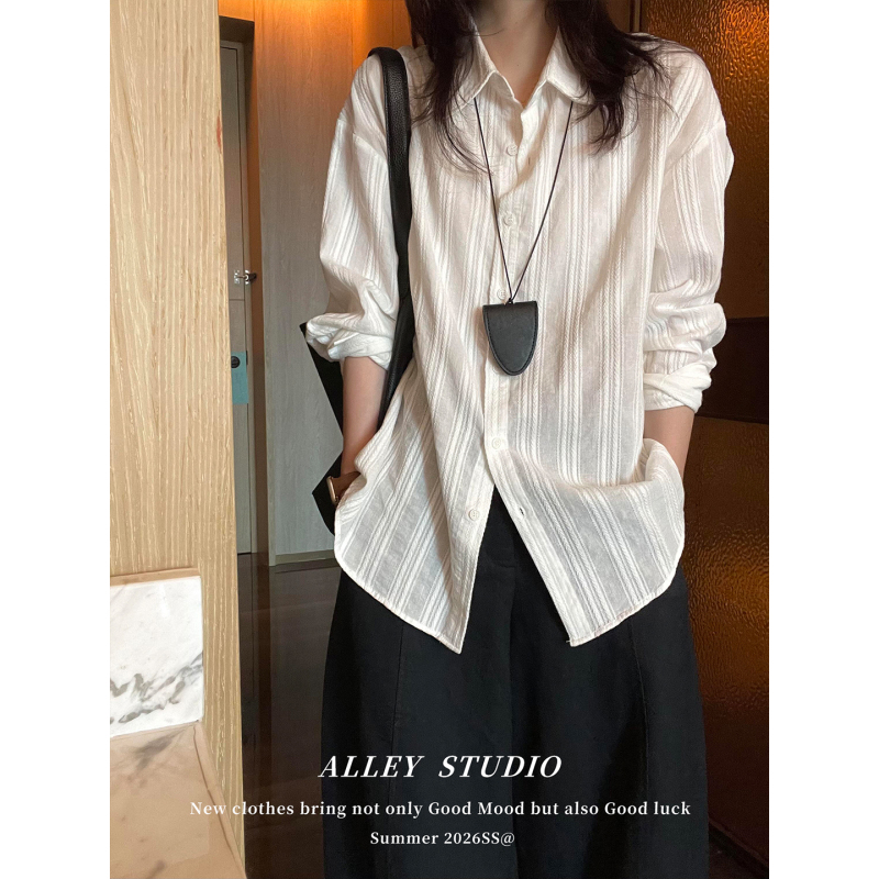 Korean Style White Jacquard Vertical Striped Long-Sleeved Sun Protection Shirt for Women 2026 New Loose-Fitting Commuter Style Pure Cotton Top Korean Style White Jacquard Vertical Striped Long-Sleeved Sun Protection Shirt for Women 2026 New Loose-Fitting Commuter Style Pure Cotton Top