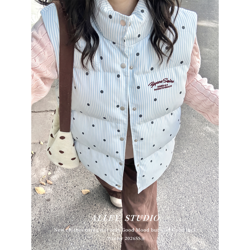 Korean-Style Fresh College Style Light Blue Letter Embroidered down Cotton Vest for Women, Autumn and Winter Outerwear with Polka Dots Korean-Style Fresh College Style Light Blue Letter Embroidered down Cotton Vest for Women, Autumn and Winter Outerwear with Polka Dots