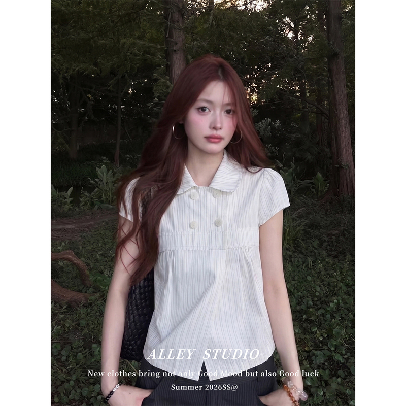 White Striped Doll Collar Double-Breasted Short-Sleeved Shirt for Women, Summer Casual, Artistic, Retro, Unique and Beautiful Top