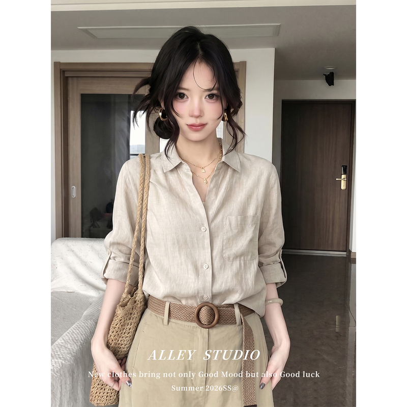 Old Money Style Linen-Feel Cuffed Sleeve Shirt Top for Women, Autumn Commuter Style, Versatile, High-End, Elegant Khaki Shirt