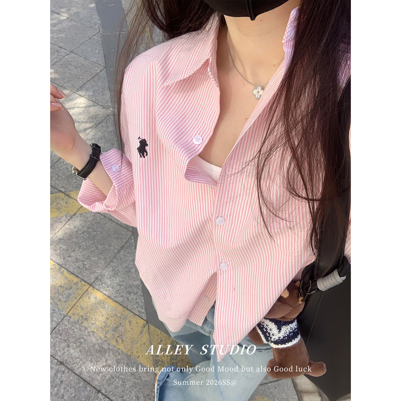 Beautiful and Stunning Pink Striped Shirt for Women, Spring 2026, Trendy High-End Pony Logo Embroidery Sun Protection Jacket