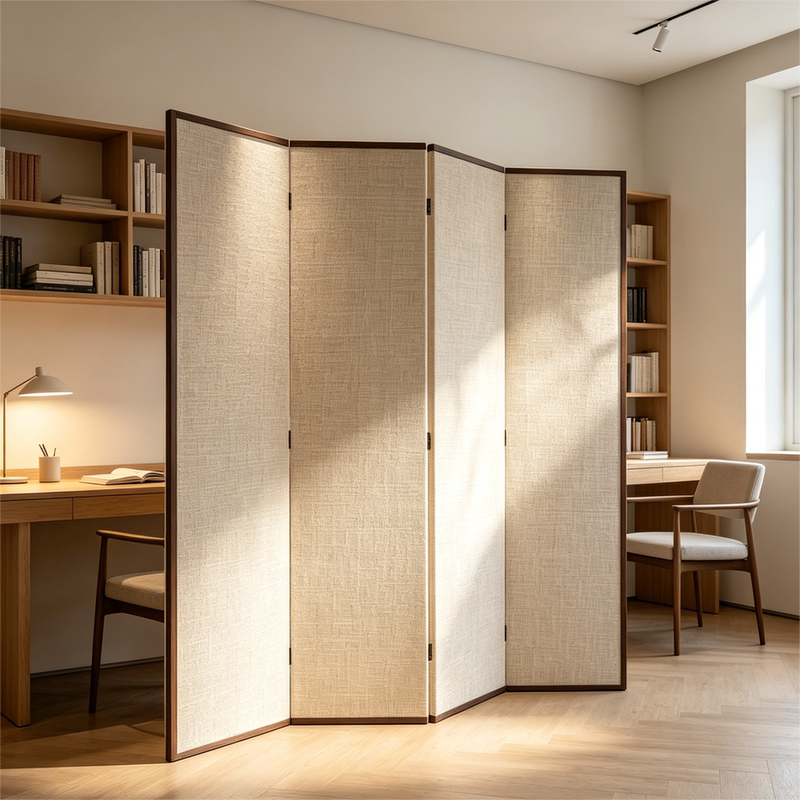 Japanese-Style Natural Wood and Linen Screen, Non-Transparent, for Living Room Partitioning, Foldable, Movable, Home Study Room Divider, Folding Screen Japanese-Style Natural Wood and Linen Screen, Non-Transparent, for Living Room Partitioning, Foldable, Movable, Home Study Room Divider, Folding Screen