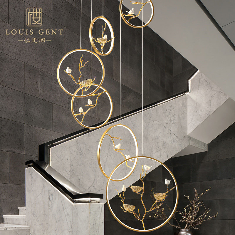 (Magpie Nest) All Copper Stair Chandelier New Chinese Dining Room Villa Duplex Building Living Room Hollow loft Rotating Long Lamp