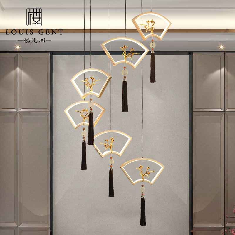 New Chinese Stairway Long Chandelie Sector Dining Room Hotel Bar Counter Villa Swivel Duplex Hollow Pick High Loft Light