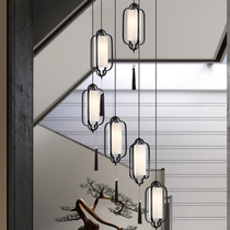 Chinese stair chandelier New National style Hotel restaurant Modern living room Hollow loft duplex floor jump floor long lamp