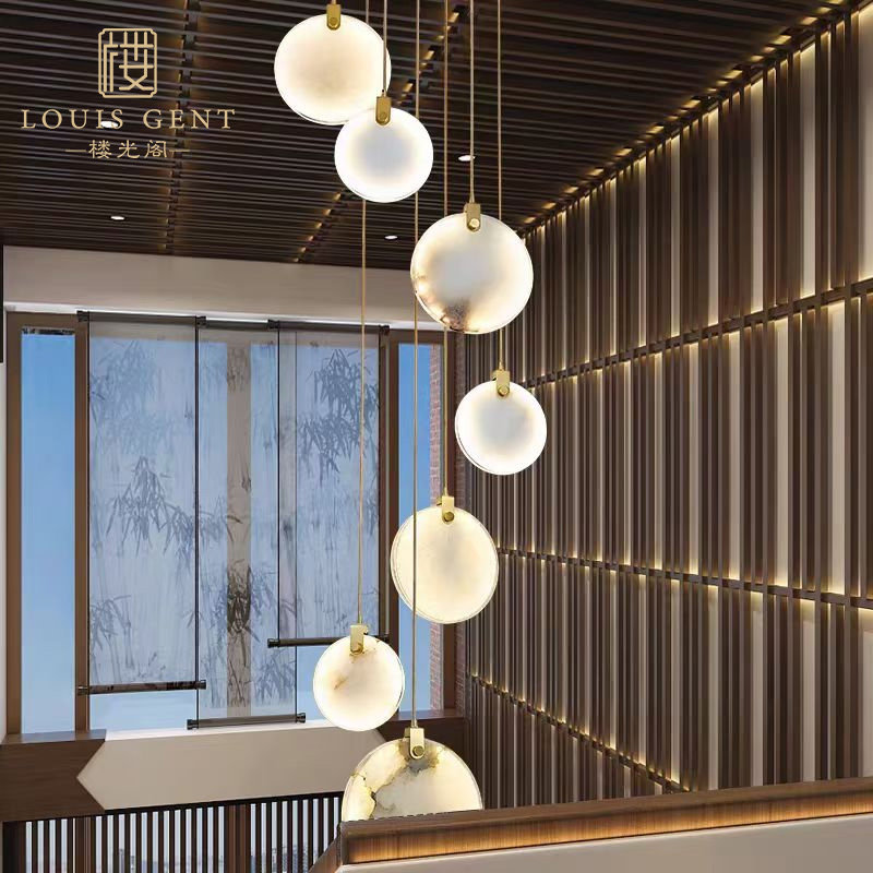 Cloud stone chandelier New Chinese all-copper dining room bar headroom headroom hollow pick up loft duplex stair light-Taobao