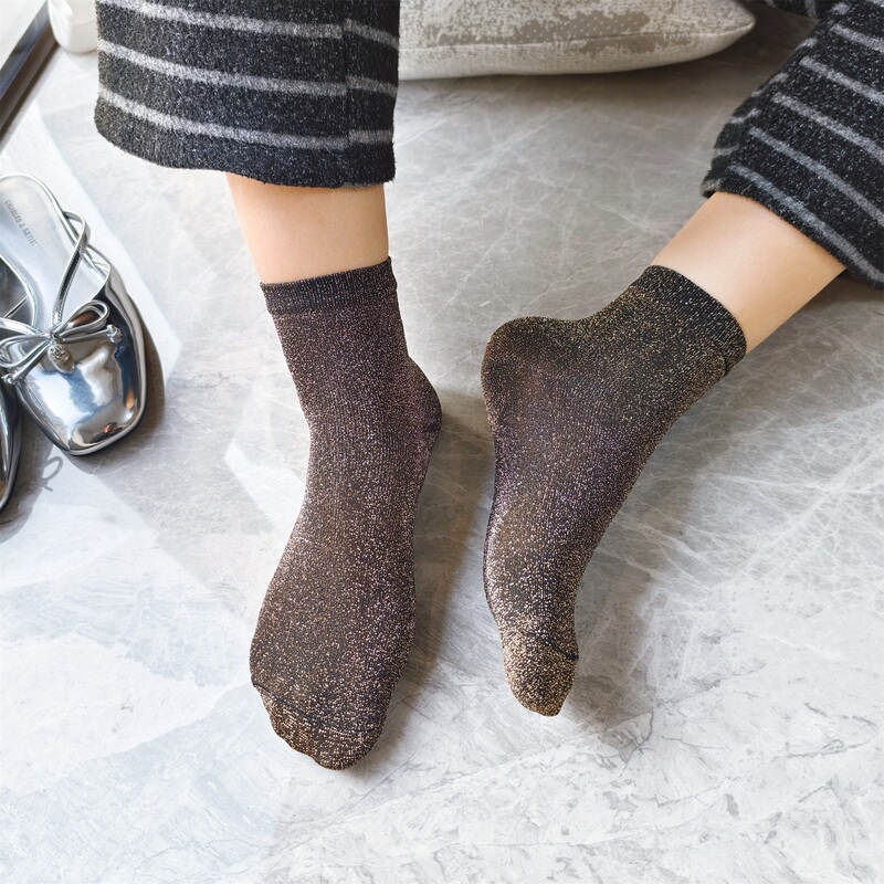 Spring and Summer Thin Double-Needle Metallic Socks with Silver Threads, Breathable Fashion Show Mid-Calf Socks, Unique Forest-Style Unisex Sports Socks