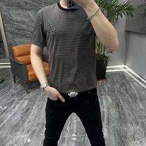 2023 new mens ice silk striped short-sleeved T-shirt fashionable and versatile large size refreshing and breathable exquisite craftsmanship slimming