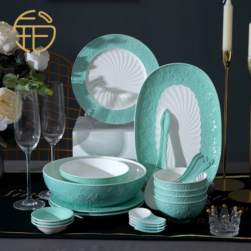 Embossed underglaze color bone china bowl dish tableware combination high-end housewarming gift simple household dishwasher microwave bowl