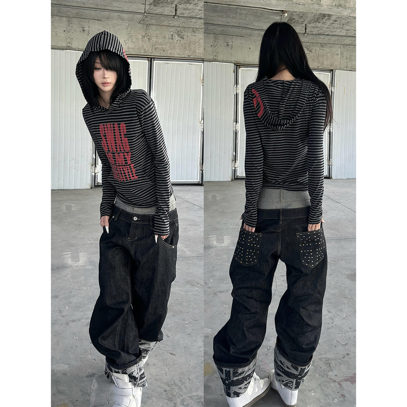 26Ss Double Waistband Cuffed Raw Denim Straight-Leg Baggy Jeans Unisex Street Style Studded Pockets 26Ss Double Waistband Cuffed Raw Denim Straight-Leg Baggy Jeans Unisex Street Style Studded Pockets
