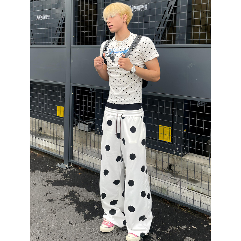 White Polka Dot Drawstring Jogger Wide-Leg Pants Unisex Loose Straight Casual Pants American High Street Fashion Brand Sweatpants Trendy
