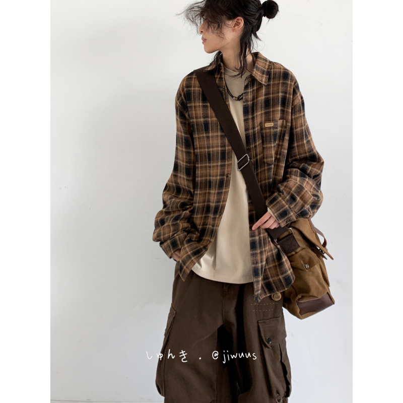 Japanese Retro Basic Pure Cotton Houndstooth Plaid Shirt for Men and Women, Loose Plaid Casual Long-Sleeved Shirt Jacket Trendy