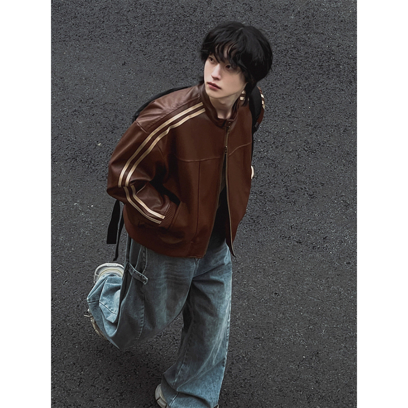Men's Brown Leather Jacket, Autumn Loose Fit, Sporty Style, Stand Collar Top, Korean Trendy Biker Leather Jacket