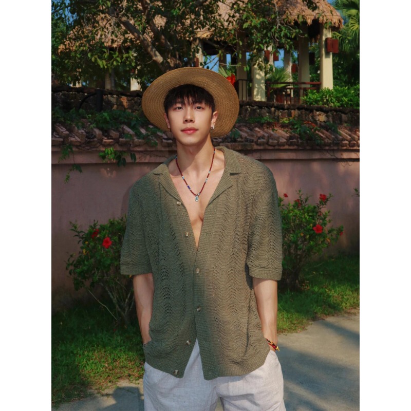 Retro Old Money Style Cuban Collar Cut Out Knitted Shirt Men's Hawaiian Beach Wear Vacation Loose Short-Sleeved Shirt