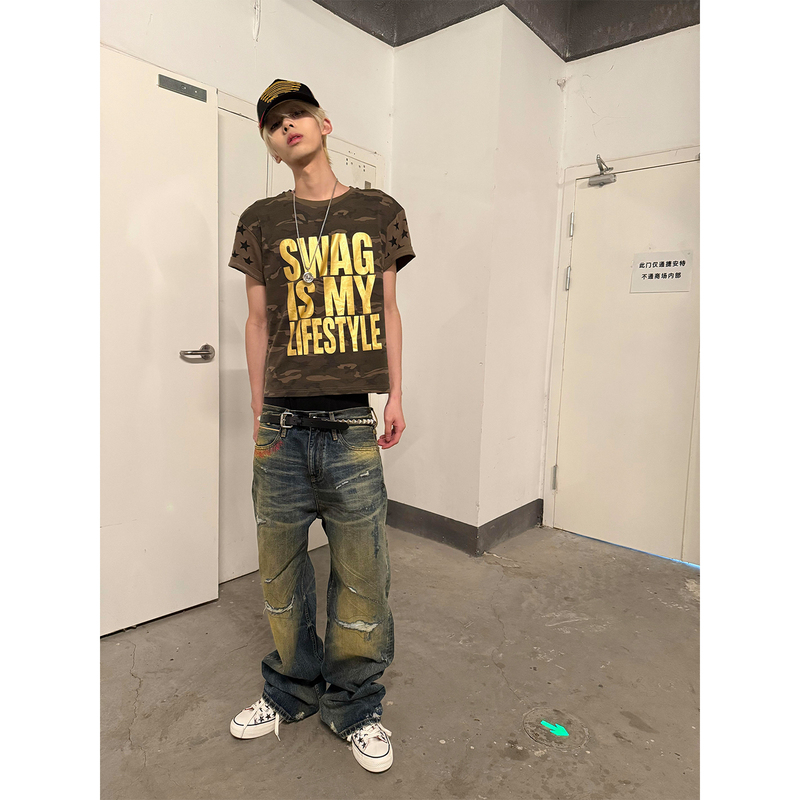 Y2K Subculture Camouflage Short-Sleeve T-Shirt for Men, New Summer Camouflage Gold Foil Print Short Top Trendy