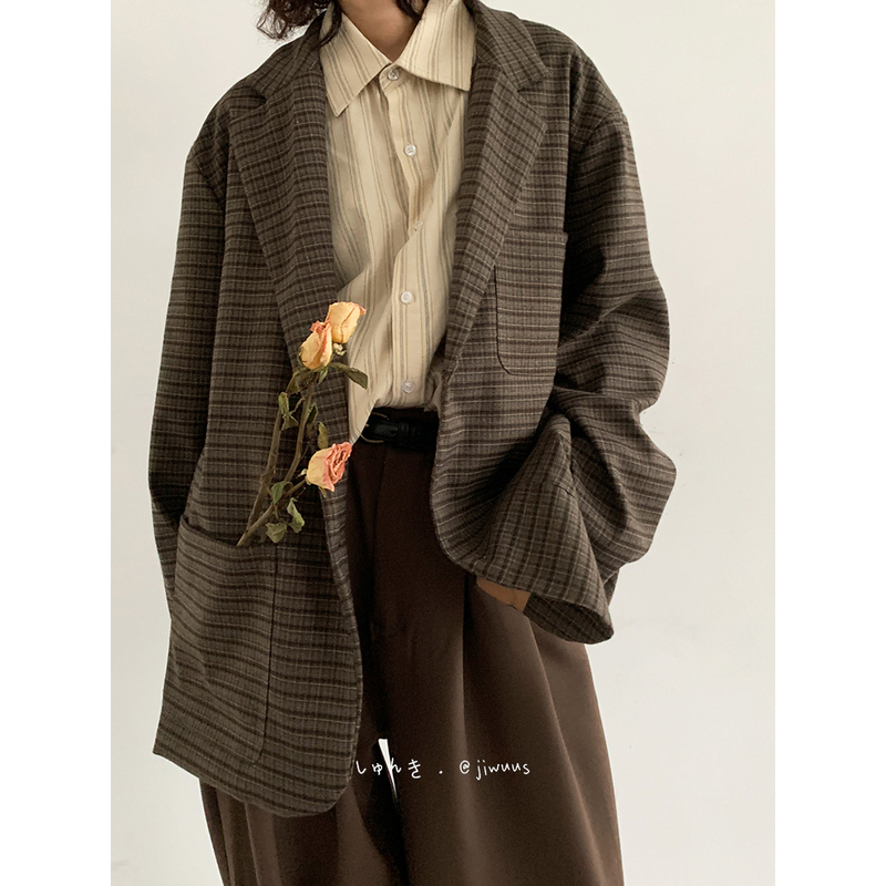 Japanese Retro Fine Plaid Suit for Men, Loose Niche Design Casual Plaid Jacket, Small Suit Set Japanese Retro Fine Plaid Suit for Men, Loose Niche Design Casual Plaid Jacket, Small Suit Set