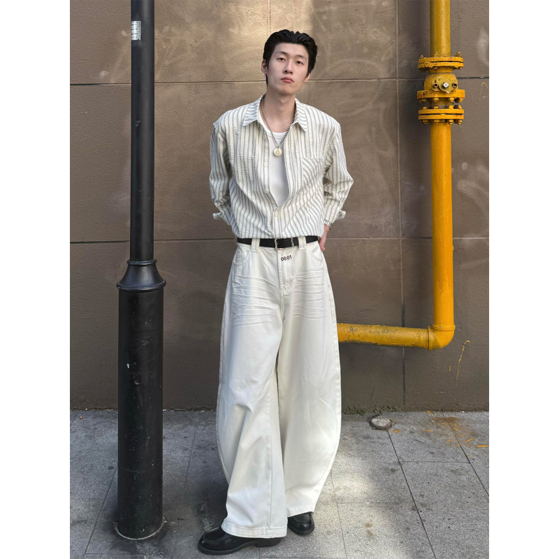 High-End Stylish Striped Bubble Gauze Shirt Jacket for Men, Casual Regular Shoulder Long-Sleeve High-Fashion Retro Striped Top