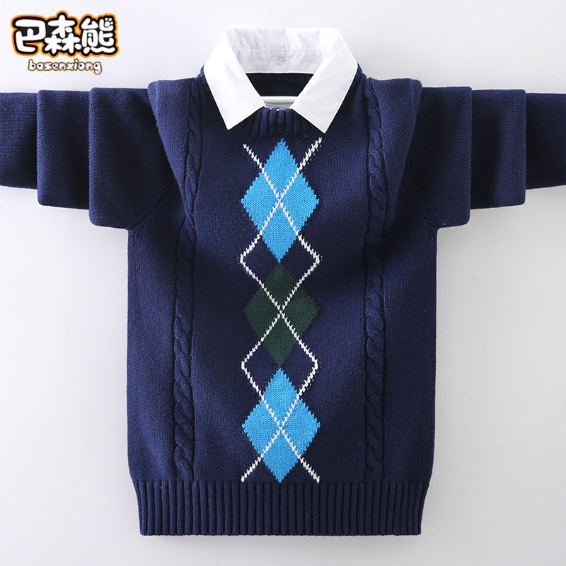 Boys sweater spring fake two-piece shirt collar 2022 spring and autumn new children's fleece pullover middle-aged children's sweater