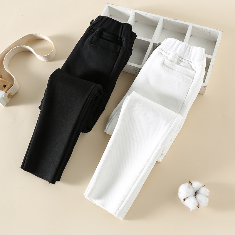 Girls' pants spring and autumn children's elastic magic pencil pants thin velvet one velvet white jeans Western style