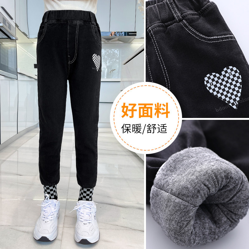 Girl Gush Pants Winter Clothing Tide Children Baby Triple Thickened Jeans One Over Winter Warm Cotton Pants Foreign Pie
