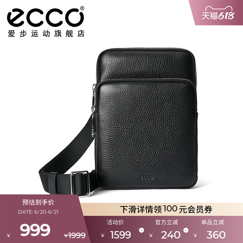 Ecco Shoulder Bag for Men and Women, Black Genuine Leather Handbag, High-End Bag, Crossbody Bag 9107773