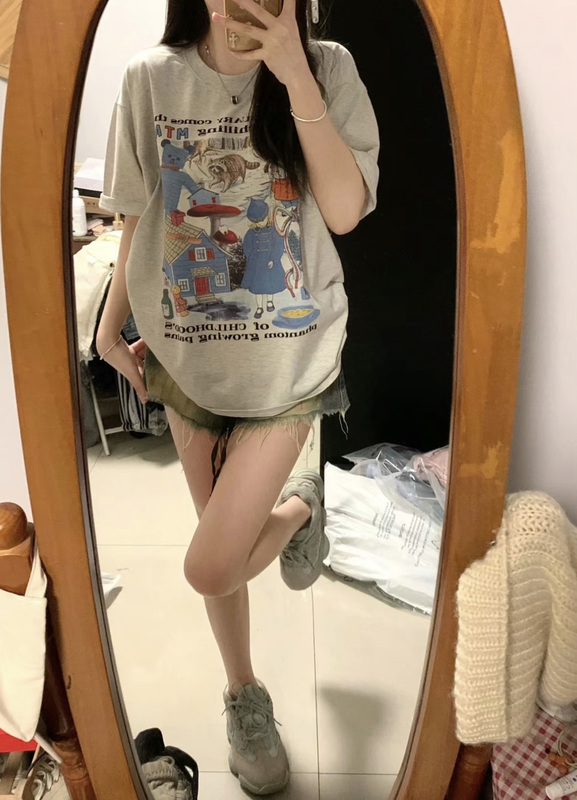 Petite Pure Cotton Regular Shoulder Short-Sleeve T-Shirt for Women 2024 Summer New Oversize Unique Design Half-Sleeve Top