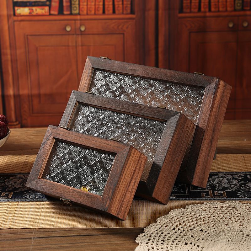 New Retro Begonia Flower Multifunctional Glass Lid Solid Wood Storage Box Cosmetics Snacks Candy Documents Dustproof Box