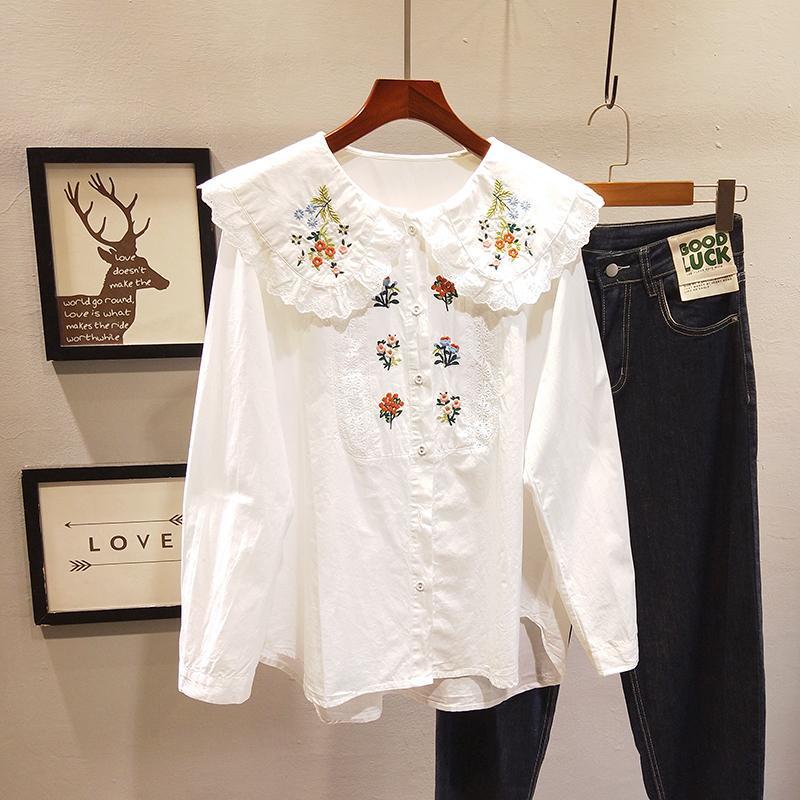 Plus Size 150kg Heavy Embroidery Lace Doll Collar Long-Sleeve Shirt for Women, Spring and Autumn, Sweet and Age-Reducing Shirt for Chubby Girls