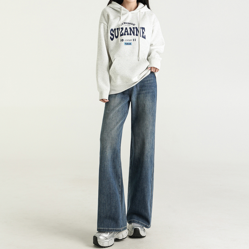 Straight-Leg Proportionally Draped Four-Way Stretch Straight-Leg Jeans for Women, High-Waisted, Vintage Washed Blue, Loose, Non-Tight, Floor-Length Pants