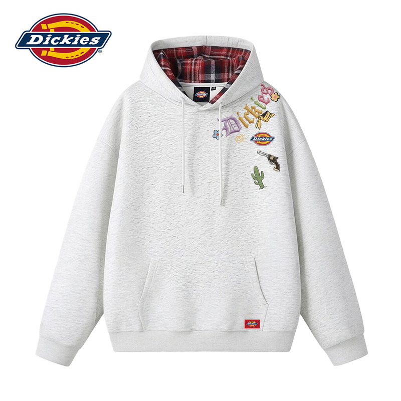 Dickies American-Style Letter Print Plaid Patchwork Hooded Sweatshirt for Men and Women, College Style Loose Hoodie Top Dickies American-Style Letter Print Plaid Patchwork Hooded Sweatshirt for Men and Women, College Style Loose Hoodie Top
