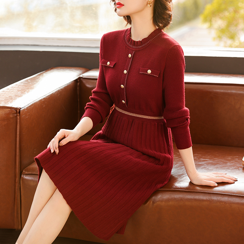 Mother Dress 2023 Autumn Winter New Knit Dress Dress Middle Aged Woman Winter Ben Year Red Sweater Dresses Base Dress-Taobao